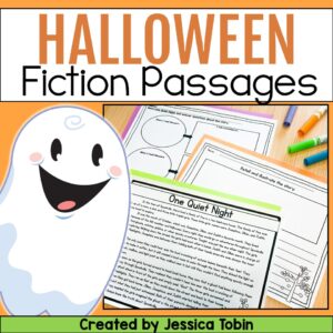 Halloween Fiction Passages resource cover featuring a ghost and worksheets with reading comprehension activities.