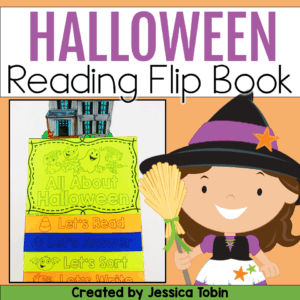 Halloween Reading Flip Book with colorful sections labeled Let’s Read, Let’s Answer, Let’s Sort, and Let’s Write, alongside a cartoon witch.