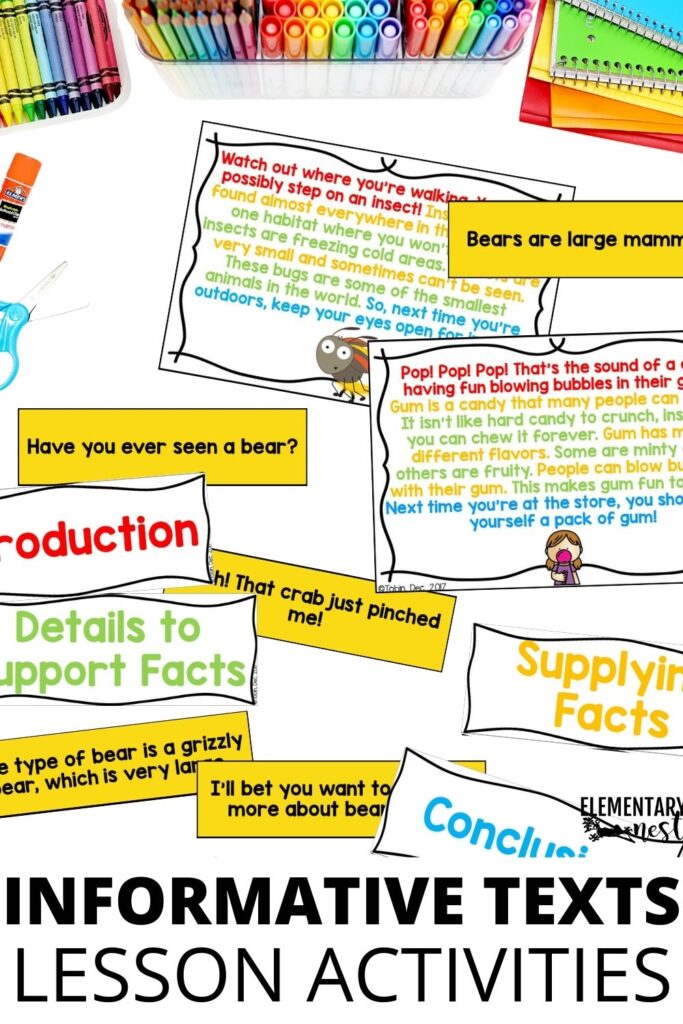 Informational writing lesson activities with student practice pieces highlighting introductions, facts, and conclusions