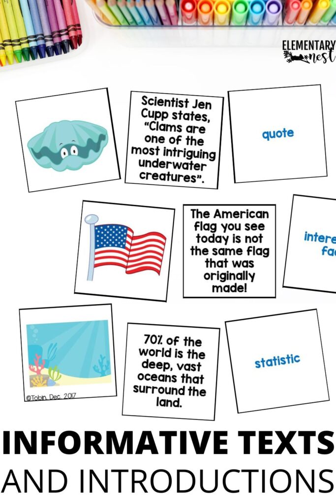 Classroom activity cards for teaching types of introductions in informational writing, including quotes, facts, and statistics with student-friendly examples