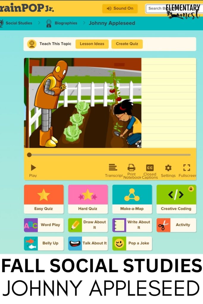 BrainPOP Jr. lesson on Johnny Appleseed for September social studies