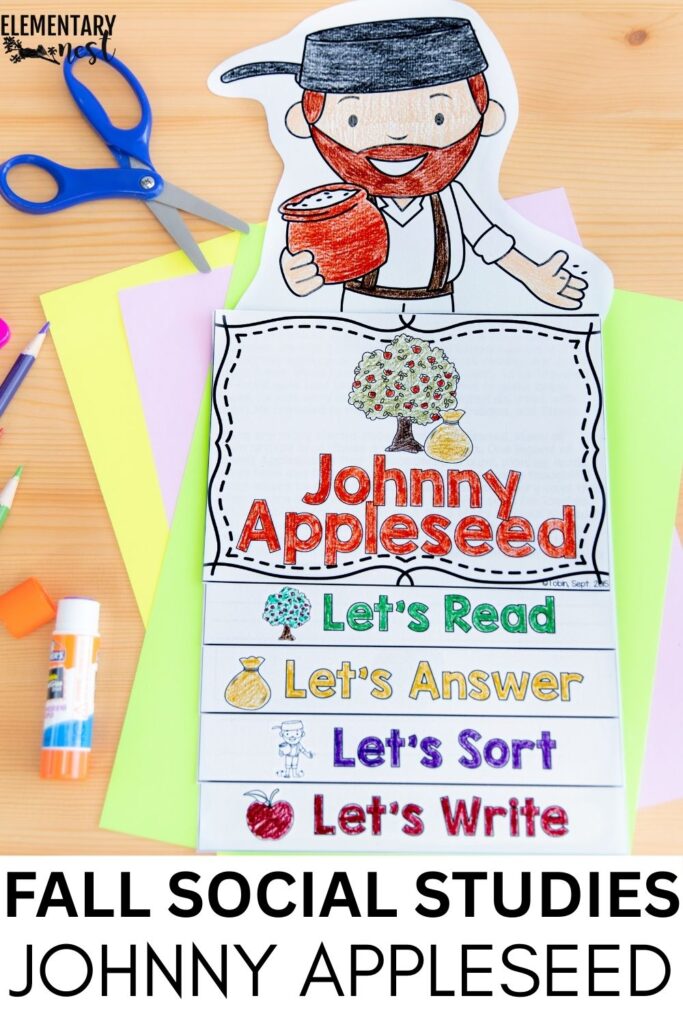Johnny Appleseed themed reading and writing flip book activity for kids