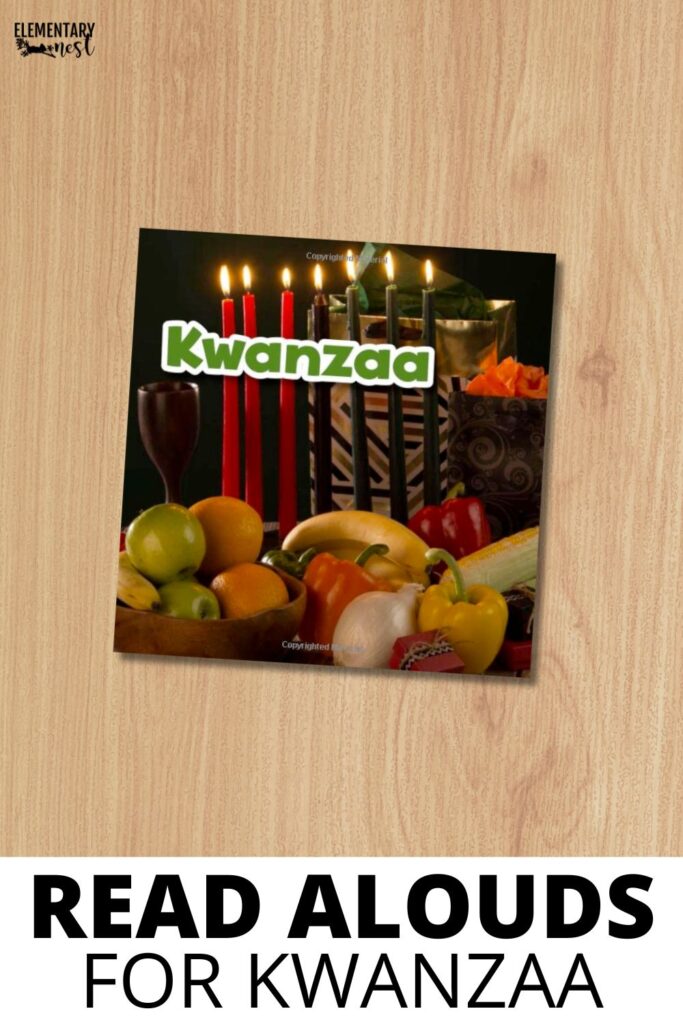 Kwanzaa book cover with kinara candles and fresh fruits representing the harvest.