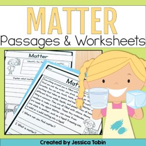 Cover image for a Matter Passages & Worksheets unit featuring a smiling student holding ice cubes and science worksheets about matter.