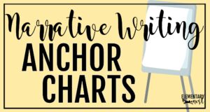 Blog post cover image with the title “Narrative Writing Anchor Charts” on a yellow background with a chart stand illustration