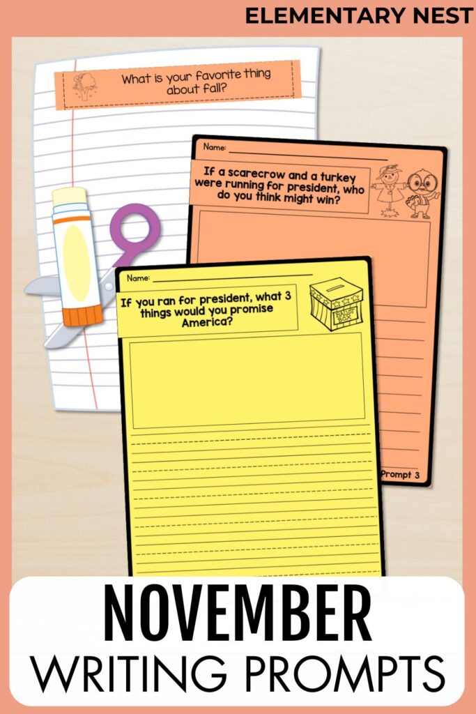 November writing prompts for kids including fall, Thanksgiving, and Election Day themed activities.