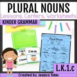 Kindergarten grammar cover for Plural Nouns unit with worksheets and flashcards showing singular and plural forms like bird/birds and box/boxes.