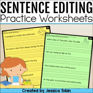 Cover image for Sentence Editing Practice Worksheets featuring colorful pages with sentences for students to rewrite correctly. A child illustration is shown writing at a desk.
