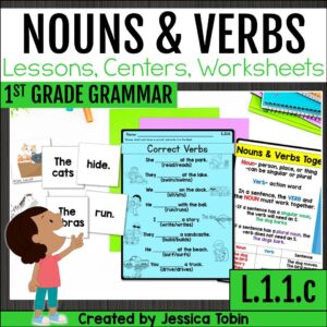 Cover image for 1st Grade grammar unit on singular and plural nouns with verbs, featuring worksheets, sentence cards, and teaching posters.