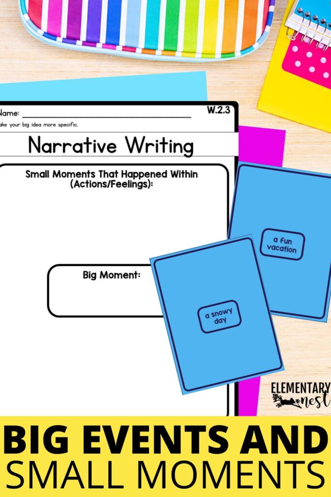 7 Strong Tips for Teaching Narrative Writing in Elementary Grades Narrative writing worksheet for teaching students to break down big moments into smaller details, featuring colorful cards like “a fun vacation” and “a snowy day.