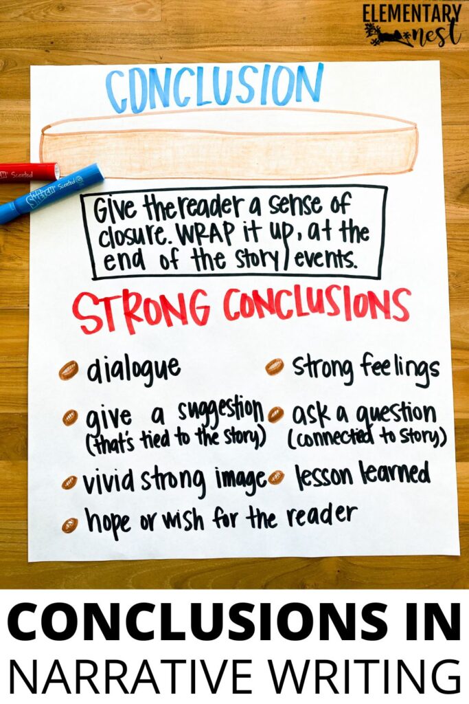7 Strong Tips for Teaching Narrative Writing in Elementary Grades Anchor chart for narrative writing conclusions, showing ways to wrap up stories with dialogue, strong feelings, or a lesson learned