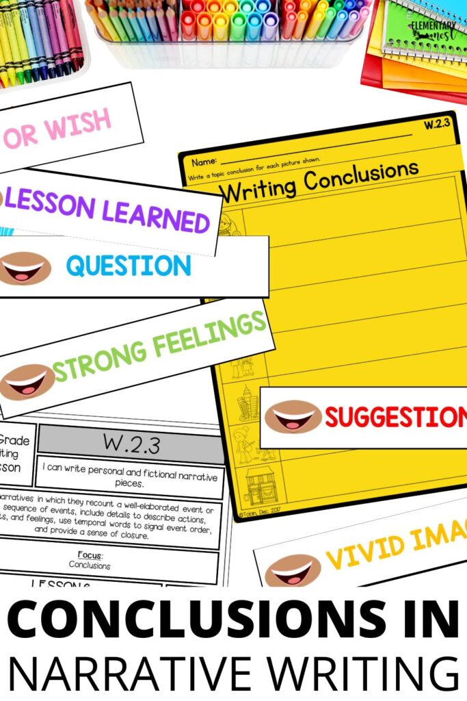 7 Strong Tips for Teaching Narrative Writing in Elementary Grades Classroom worksheet for practicing writing conclusions in narrative stories, with colorful labels like “strong feelings” and “vivid image.”
