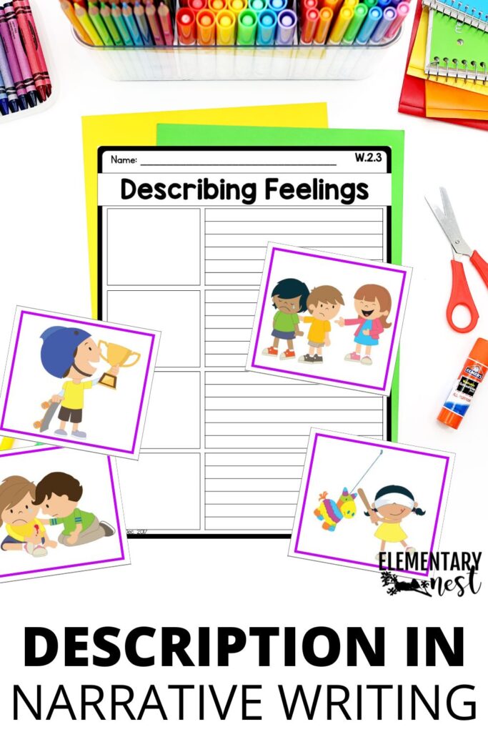7 Strong Tips for Teaching Narrative Writing in Elementary Grades Narrative writing worksheet with student illustrations to help kids describe feelings in their stories