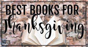 Open book lying on a bed of autumn leaves with the text “Best Books for Thanksgiving"