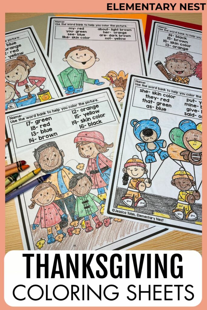 Thanksgiving coloring sheets with sight words and vocabulary practice for elementary students.