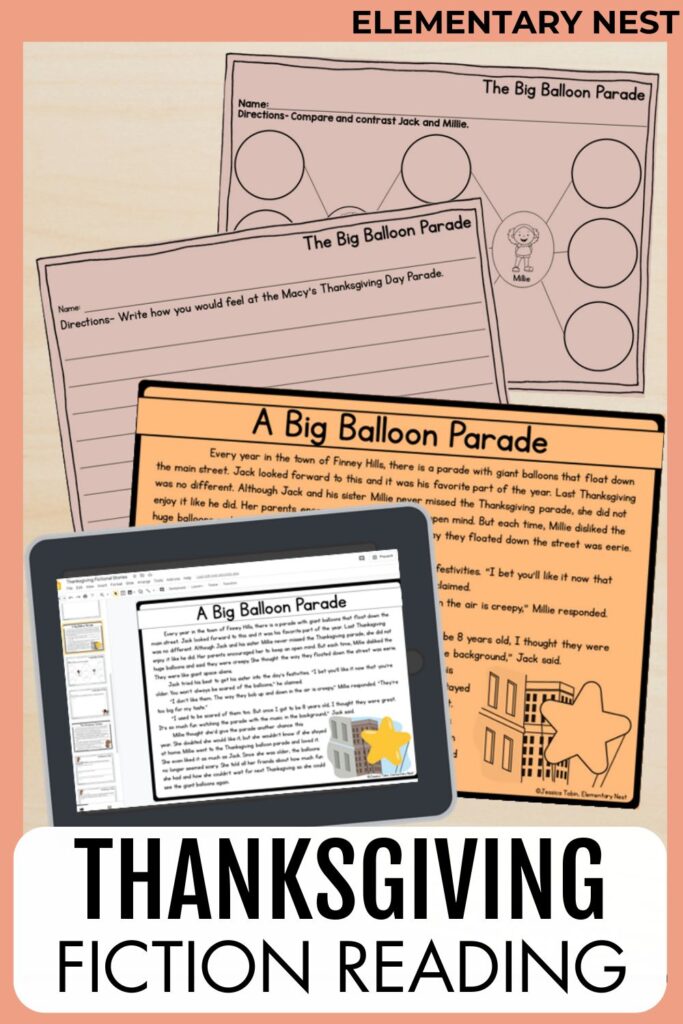 Thanksgiving fiction reading activity featuring a story about a big balloon parade with comprehension questions.