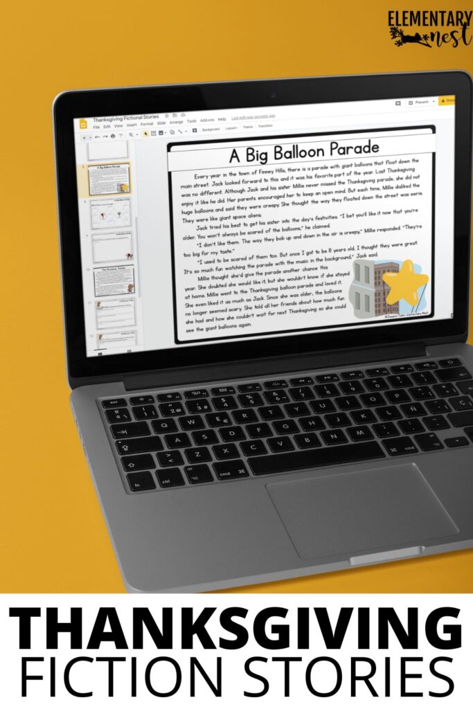 9 Fun Digital Thanksgiving Activities and Technology Games Laptop displaying Thanksgiving fiction story passage called “A Big Balloon Parade”