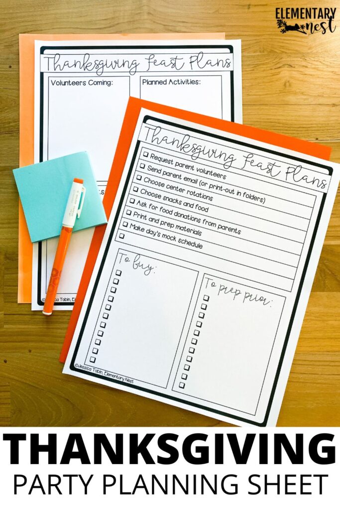 Thanksgiving party planning sheet for teachers organizing a class feast.