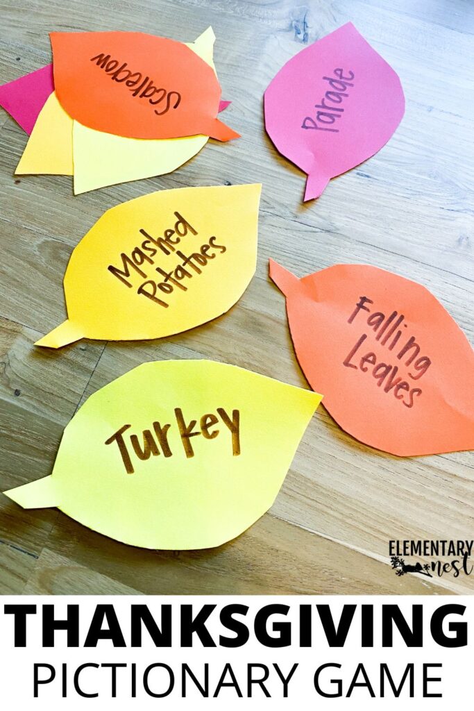 Thanksgiving Pictionary classroom game with leaf-shaped cards.