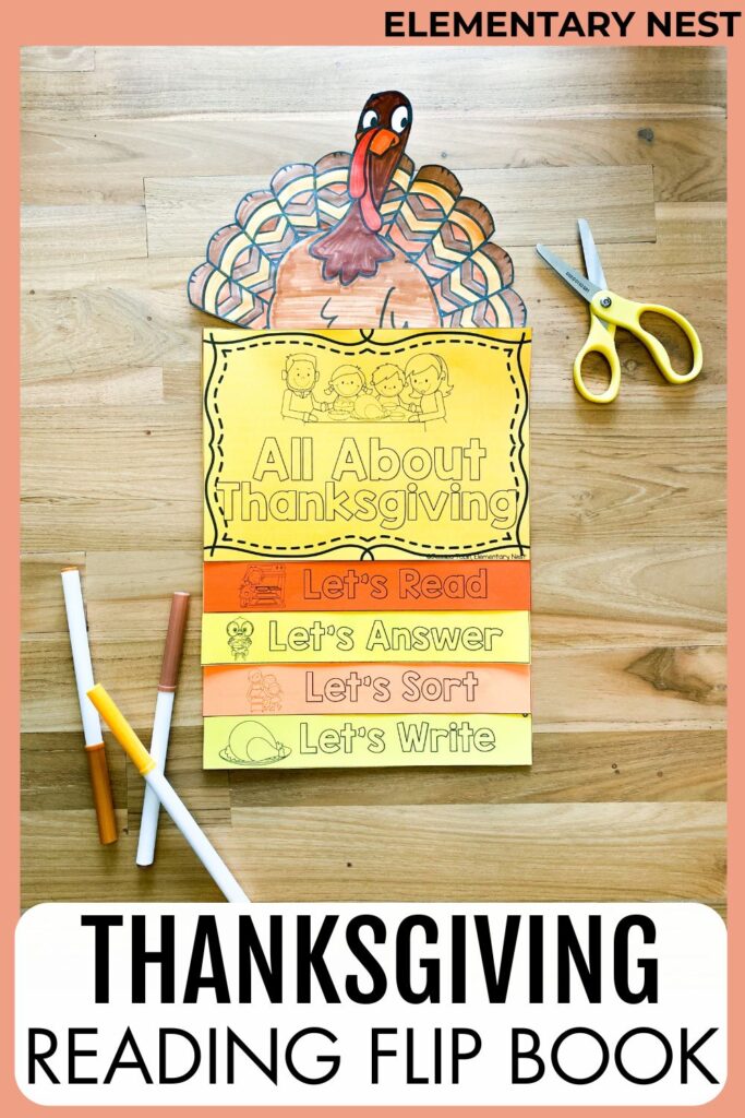 Thanksgiving reading flip book for elementary students with sections for reading, answering, sorting, and writing.