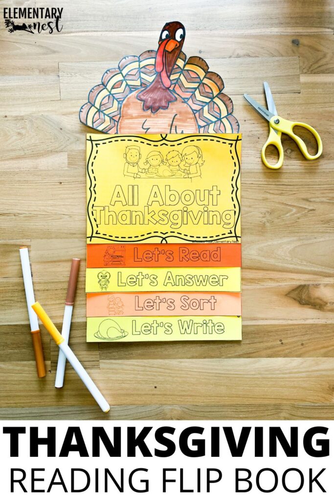 Thanksgiving reading flip book with sections for reading, answering, sorting, and writing activities.