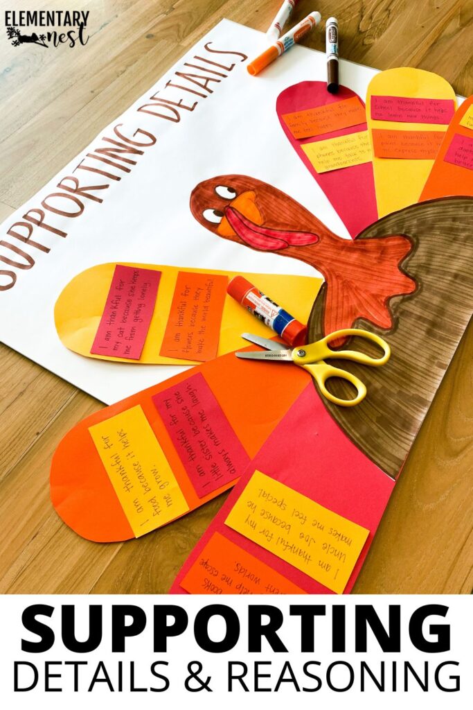 Turkey craft activity for teaching supporting details during Thanksgiving writing.