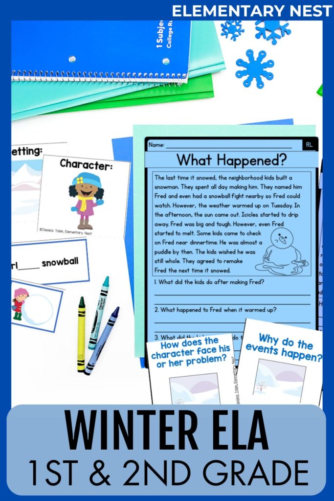 First and second grade winter reading comprehension passage with story elements practice.