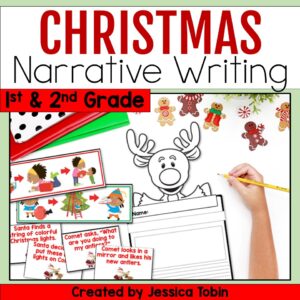 Christmas narrative writing activity for 1st and 2nd grade featuring sequencing cards, reindeer writing templates, and holiday visuals.
