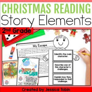 Christmas reading comprehension activity for 2nd grade focused on story elements. Includes a passage titled “My Escape,” a foldable Gingerbread Man craft, and colorful Christmas decorations.