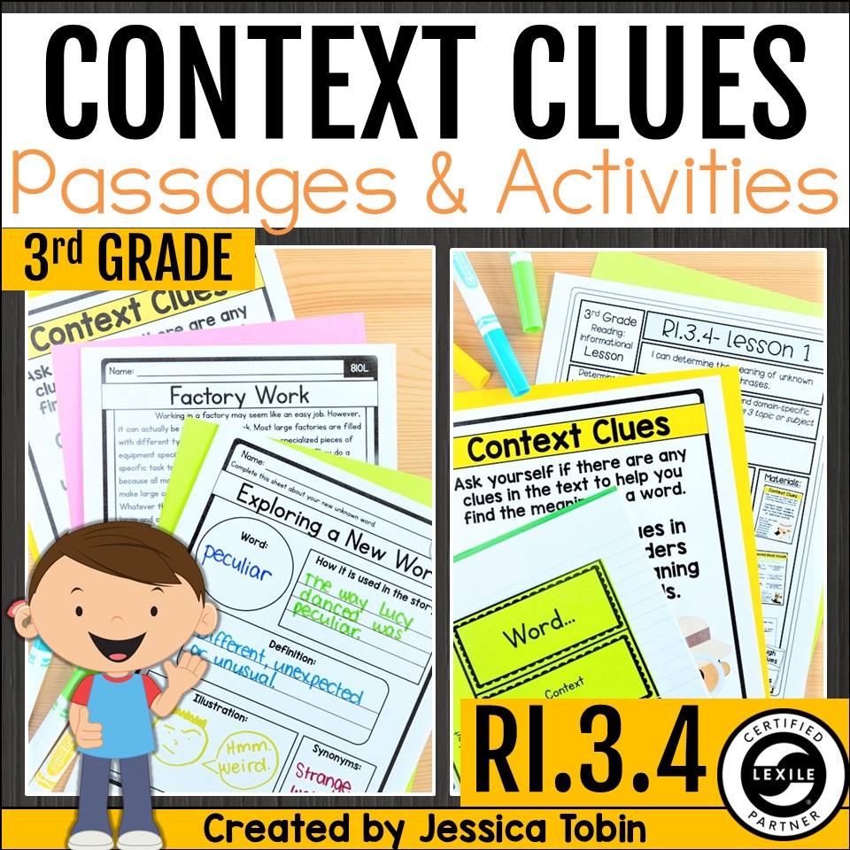 Third grade context clues reading unit with passages, vocabulary organizers, and Common Core RI.3.4 activities.