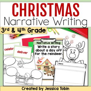 Christmas narrative writing activity for 3rd and 4th grade featuring reindeer-themed writing prompts and creative writing pages.