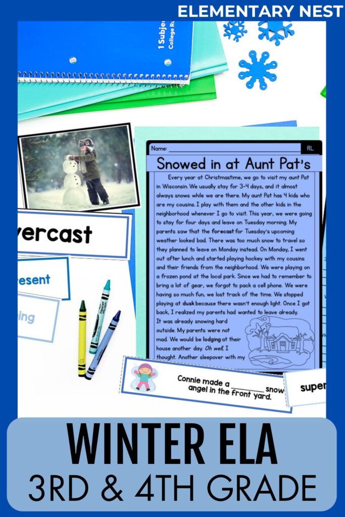 Third and fourth grade winter reading comprehension passage and vocabulary cards.