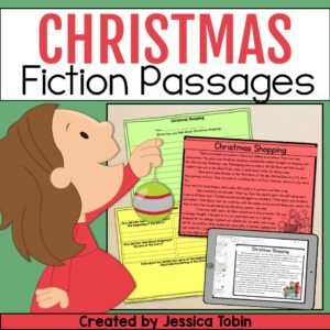 Christmas reading comprehension passages for elementary students with printable pages and digital versions shown on a tablet.