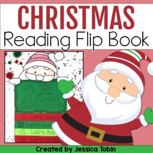 Christmas reading flip book for elementary students featuring a Santa craft topper and sections labeled “Let’s Read,” “Let’s Answer,” “Let’s Sort,” and “Let’s Write.”