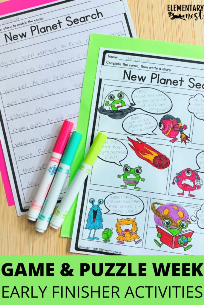 Early finisher classroom activities with comic strip writing and colorful markers for Game and Puzzle Week in November