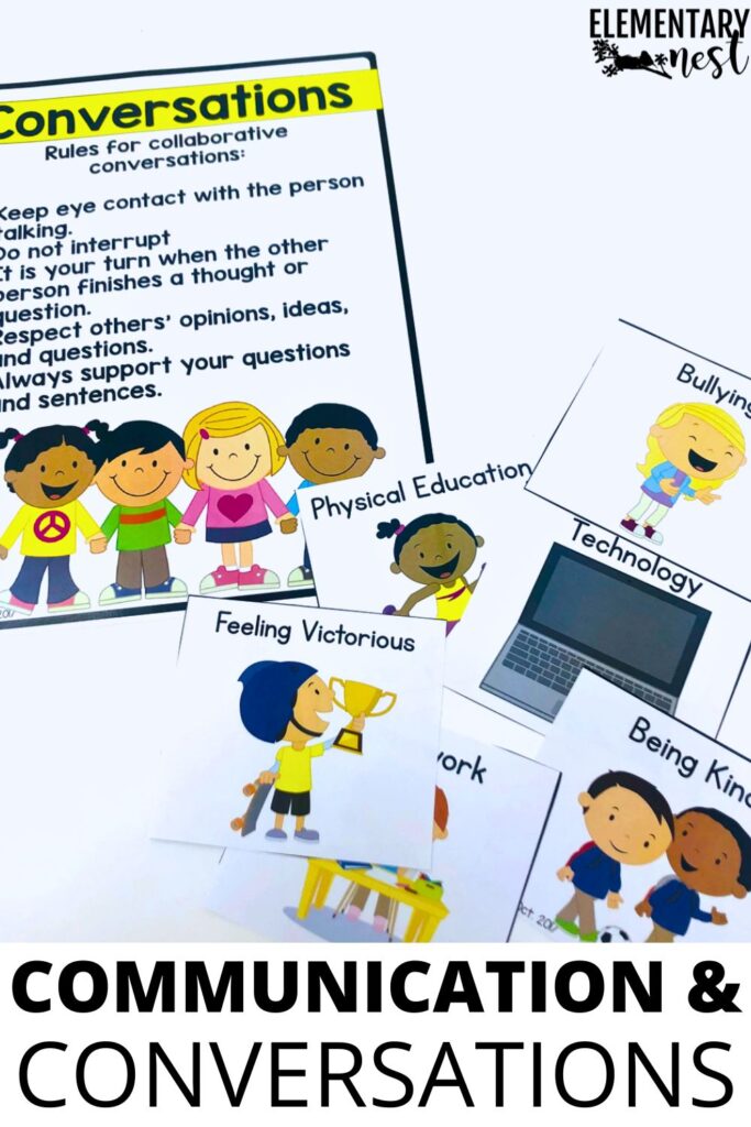 Classroom discussion activity cards and anchor chart for teaching communication and conversation rules to students.
