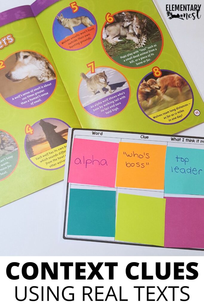 Students practice identifying context clues in nonfiction texts with worksheets and sticky note activities