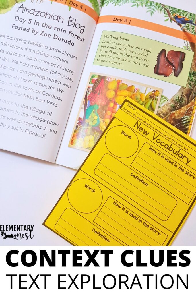 Printable nonfiction reading worksheet for identifying and defining unknown words using context clues