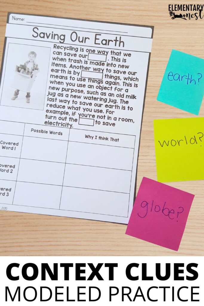 Teacher modeling how to find word meaning using context clues in a nonfiction passage
