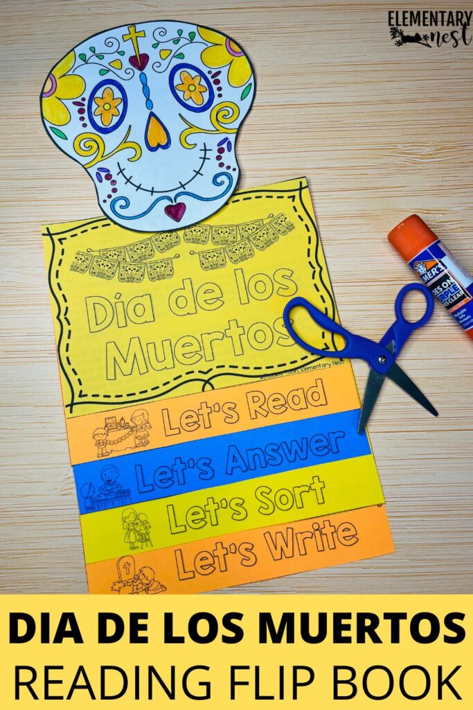 Dia de los Muertos reading flip book for students with sugar skull topper and sorting activities
