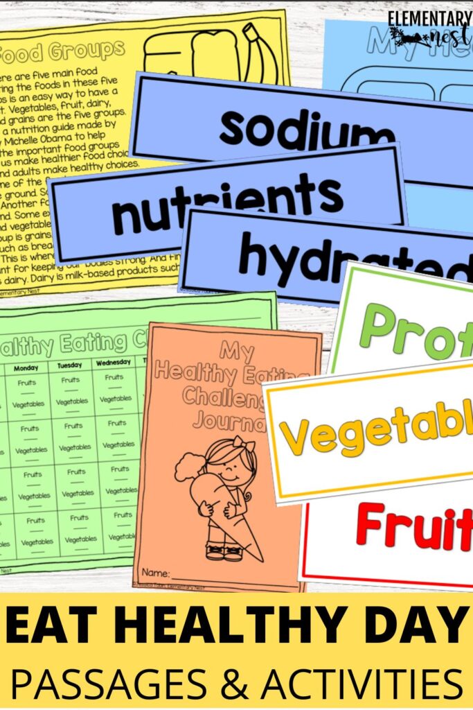 Nutrition and healthy eating passages and vocabulary cards for Eat Healthy Day classroom lessons