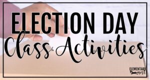 Election Day classroom activities banner featuring a student placing a ballot into a box