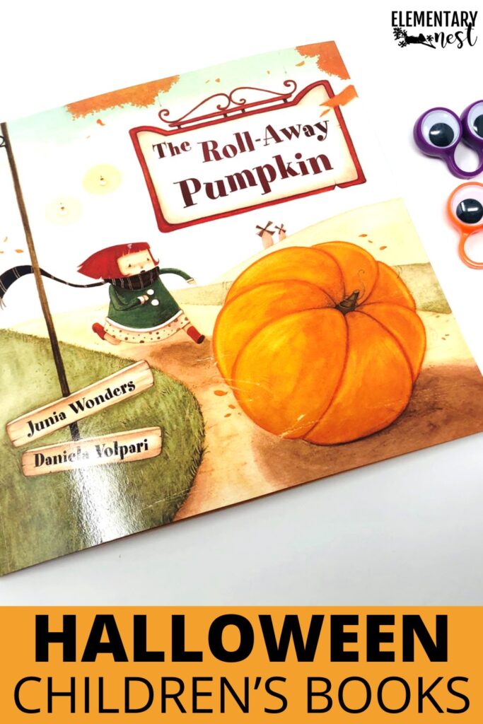 The book The Roll-Away Pumpkin by Junia Wonders featuring a girl chasing a giant pumpkin