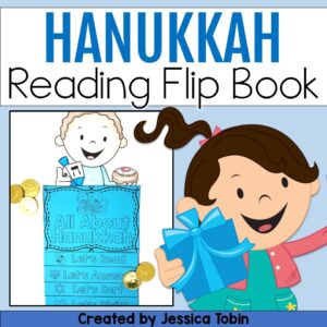 Hanukkah reading flip book for elementary students featuring a cut-and-assemble activity with reading, sorting, and writing pages.
