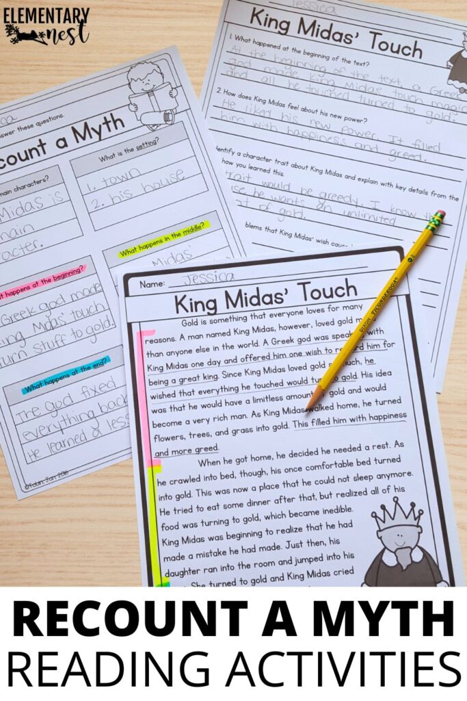 Myth reading passages and recounting worksheets for elementary students learning to summarize and explain story morals