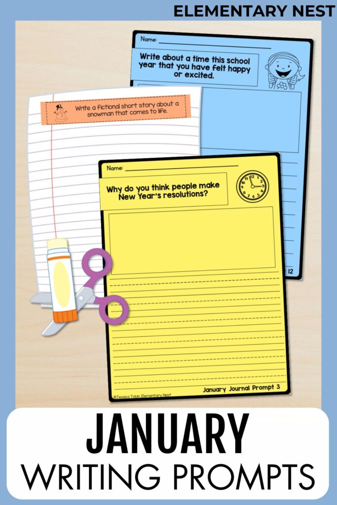 January writing prompts and journal pages for New Year and winter topics.