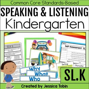 Kindergarten speaking and listening unit with Common Core SL.K activities, question cards, and student self-assessments.