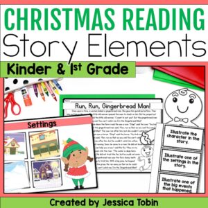 Christmas reading comprehension activity for kindergarten and 1st grade featuring a passage called “Run, Run, Gingerbread Man,” story element visuals, and a Gingerbread Man craft for illustrating characters and settings.