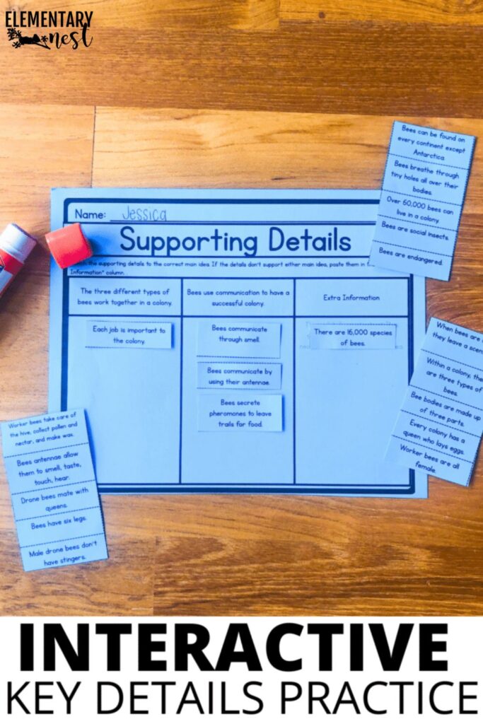 Blue worksheet with cut-and-paste supporting details about bees.
