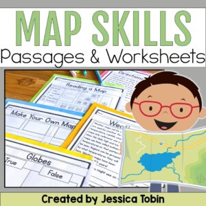 Map Skills worksheets spread out on a desk, featuring reading a map, directions, and globes activities.